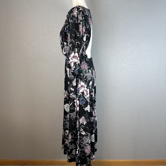 AFRM Womens Maxi Flare Dress M Medium Black Floral Balloon Long Sleeve Open Back - Picture 4 of 8